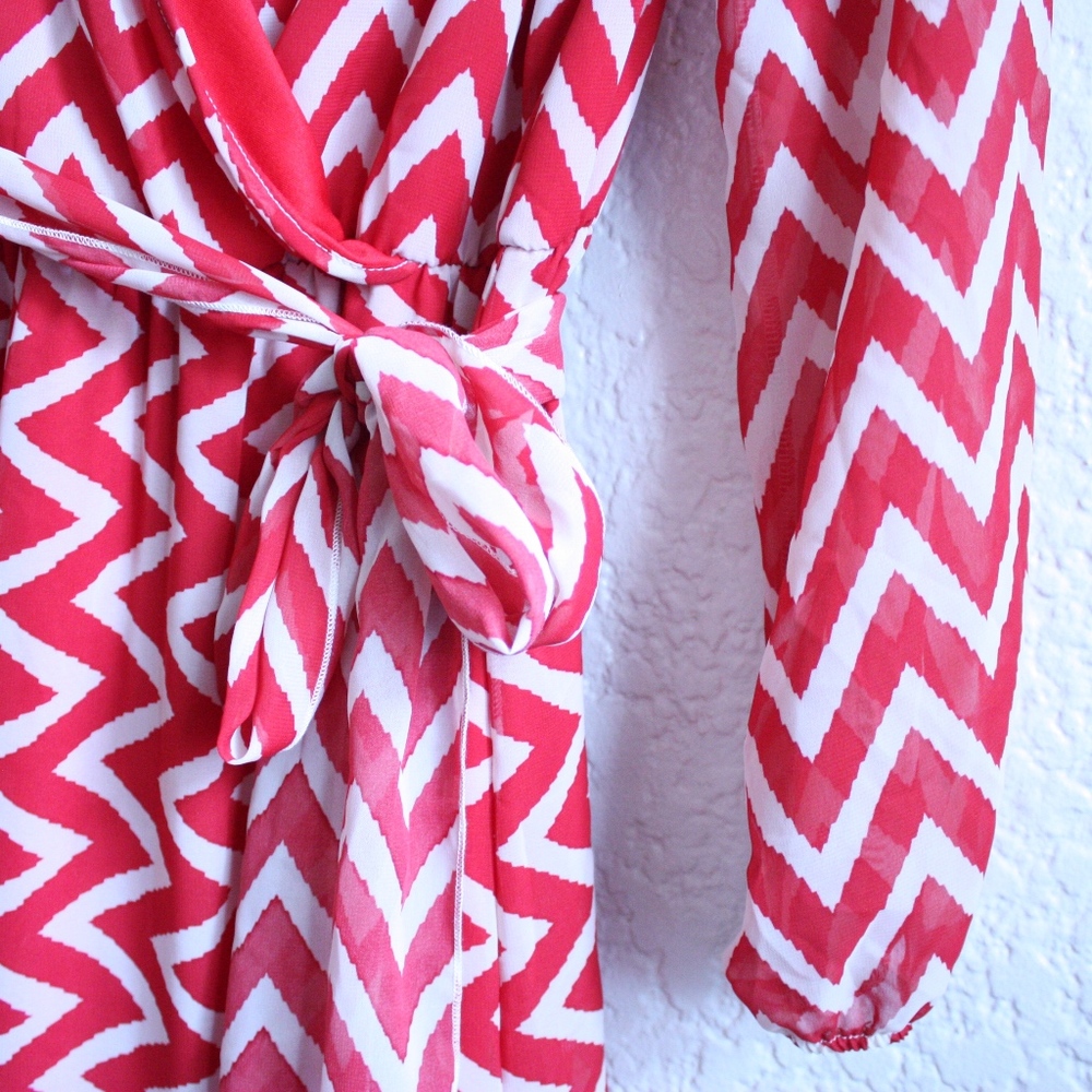 Red and White Chevron Maxi Dress with Sheer Arms